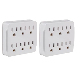 Certified 6-Outlet Extender Wall Tap, 2-pk, Grounded Adapter, 3-Prong, White