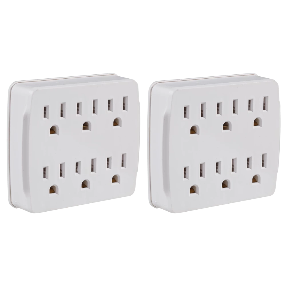 Certified 6-Outlet Extender Wall Tap, 2-pk, Grounded Adapter, 3-Prong, White