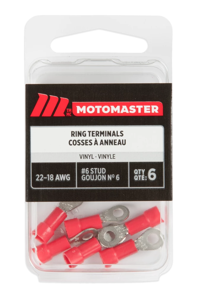 Certified 22-18 AWG Automotive Ring Terminal, #6 Stud, 6-pk